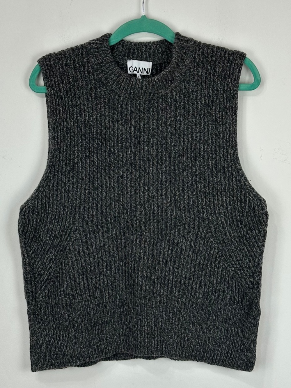 GANNI Womens Dark Gray Structured Chunky Wool Knit Vest L Minimalist Designer
